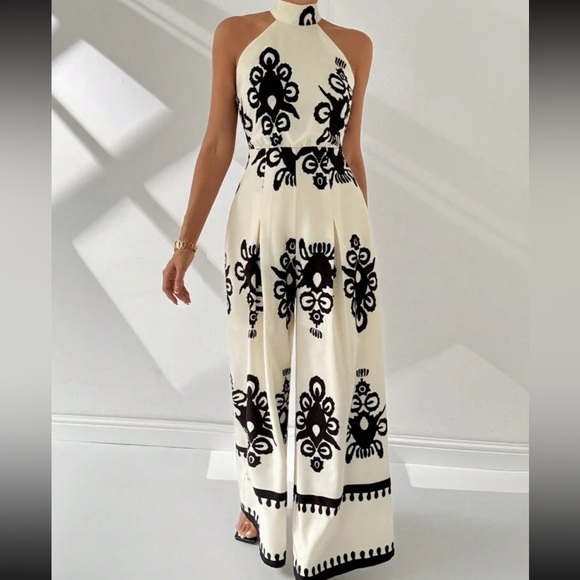 Boho Floral Paisley Print Halter Neck Pockets Pleated Wide Leg Pants Jumpsuit - Picture 4 of 5